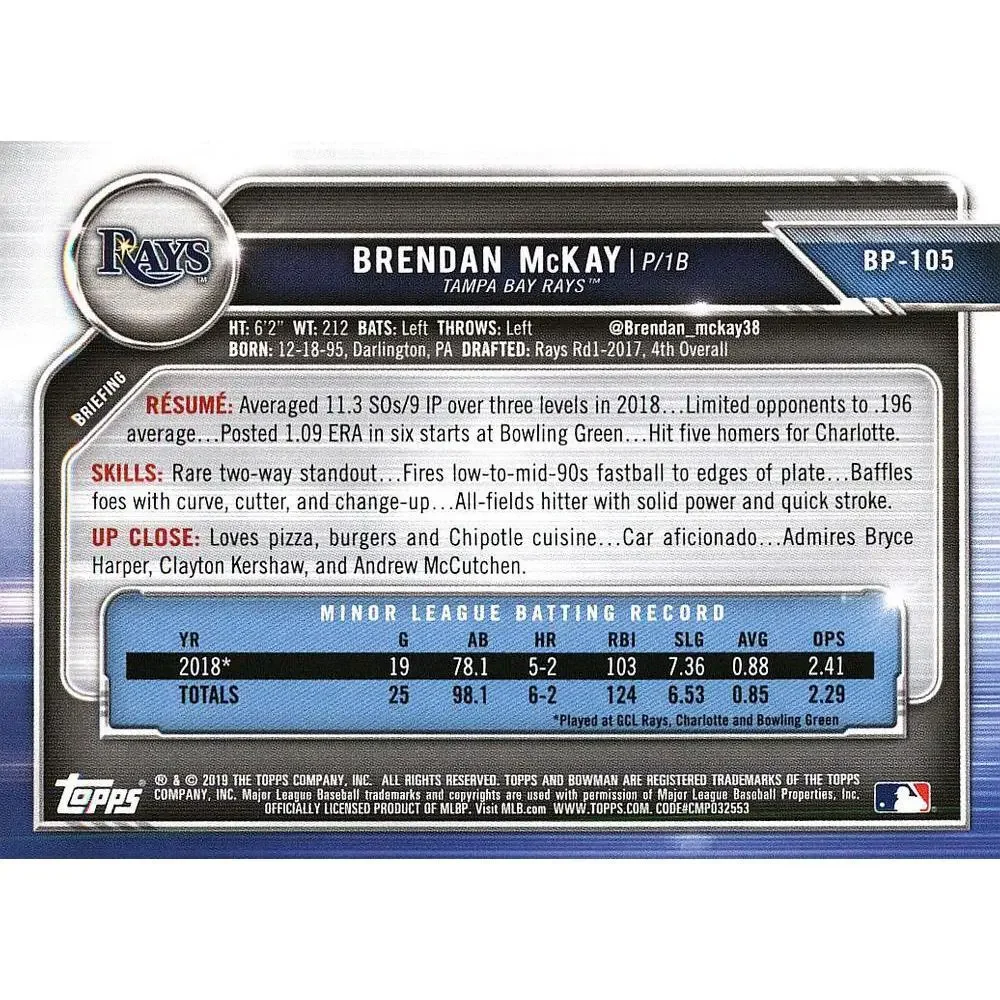 2019 Bowman Prospects Brendan McKay #BP-105 Tampa Bay Rays